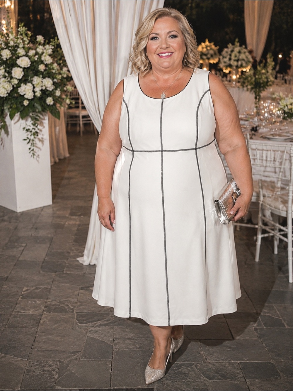 Catherines White Midi Dress with Black Contrast Piping
